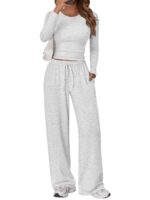 Trendy Queen Women's 2 Piece Matching Lounge Set Long Sleeve Side Ruching Top Wide Leg Drawstring Pants Set with Pockets