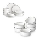 MALACASA Plates and Bowls Sets, 12 Pieces Modern Porcelain Dinnerware Set for 4 White Kitchen Dinner Dining Ware Set wtih Black Rim Ceramic Dishware Dishes Microwave and Dishwasher Safe, Series LUNA - Image 5