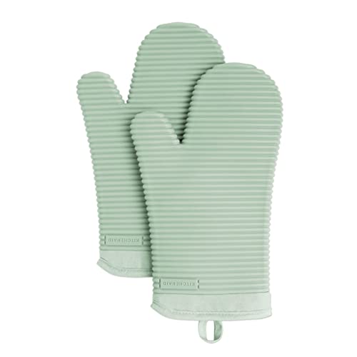 KITCHENAID Ribbed Soft Silicone Oven Mitt 2-Pack Set, 7.5"x13", Pistachio